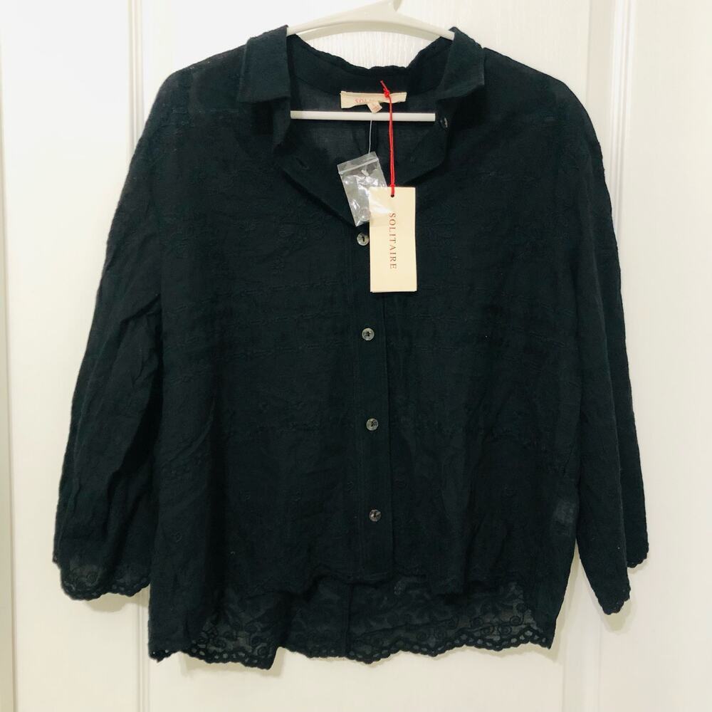 Solitaire Women's Button Up Shirt Embroidered Hi-Low Hem Long Sleeve Black Large